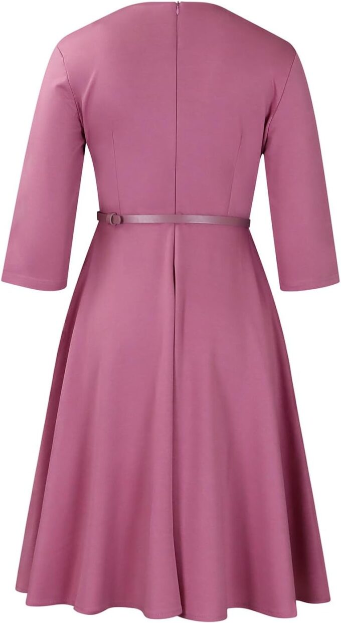 Elainone Damenkleid, 3/4-Ärmel, lässig, schwingend, ausgestellt, A-Linie, Hochzeit, Gast, halbformell, Büro, Arbeit, Kleider mit Gürtel – Bild 5