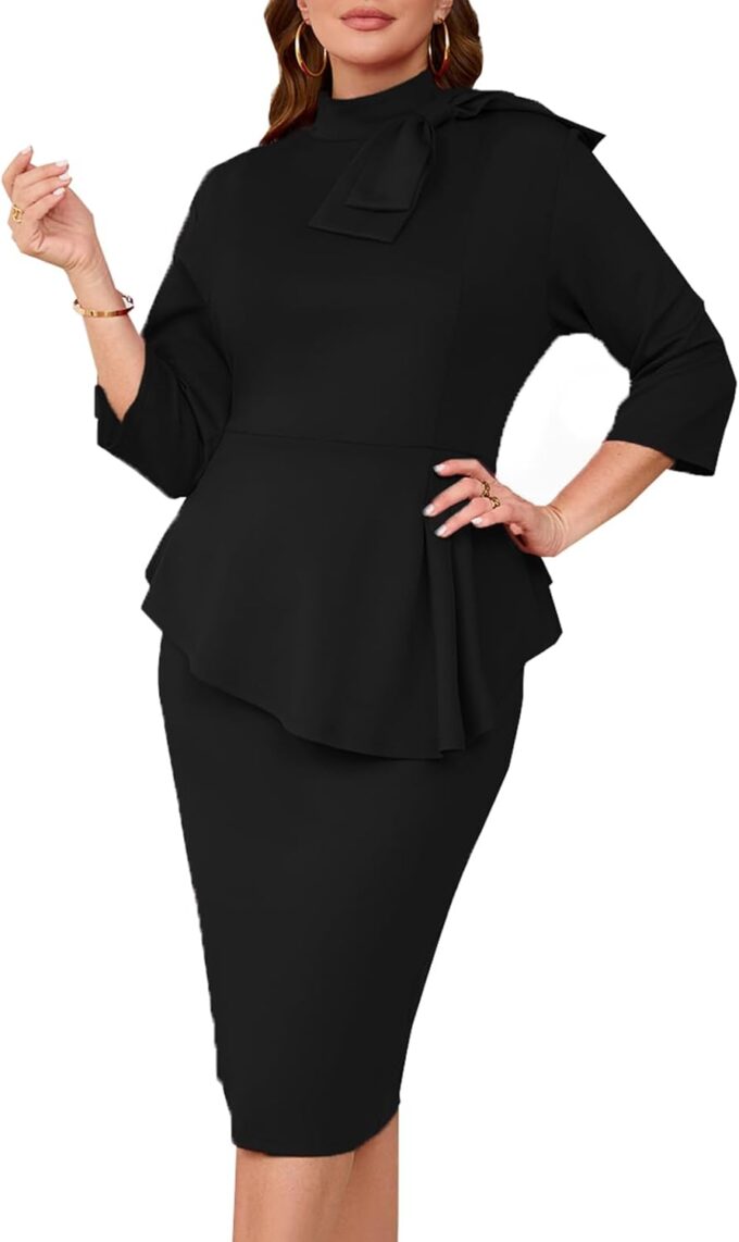 Kleid in Übergröße für kurvige Frauen, halbformell, Cocktail-Party, Midi-Kleid, figurbetont, langärmelig, Schleife, Rüschen, Bleistiftkleider – Bild 4