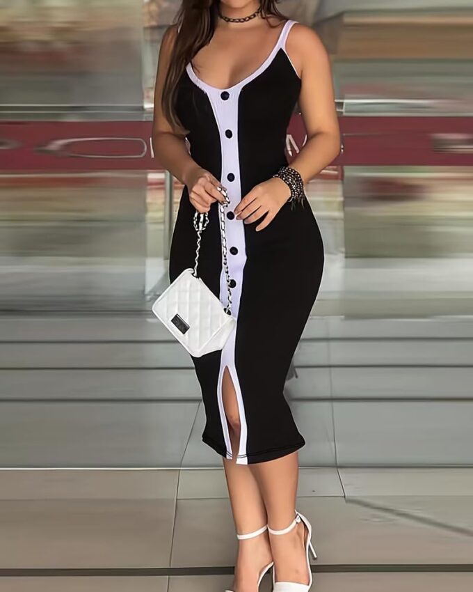 Ninimour Figurbetontes Midi-Arbeitskleid für Damen, kontrastierende Paneele, Knopfdekoration, Business-Kleid, ärmellos, U-Ausschnitt, lässiges Kleid 2025 – Bild 3
