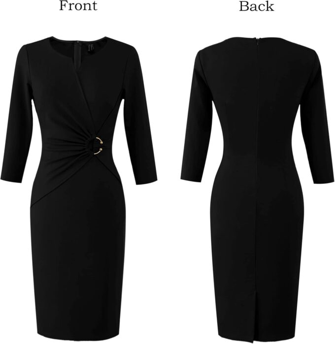 VFSHOW Elegantes Damenkleid mit V-Ausschnitt, gerüscht, für Arbeit, Büro, Business, Kirche, figurbetontes Etuikleid – Bild 6