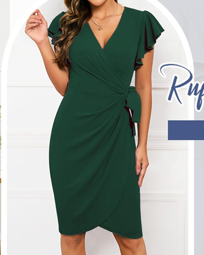 MinciLuxury Damen-Cocktailkleid 2024, Sommerkleid, Rüschenärmel, V-Ausschnitt, Party, Hochzeit, Gast, Wickelkleid – Bild 2