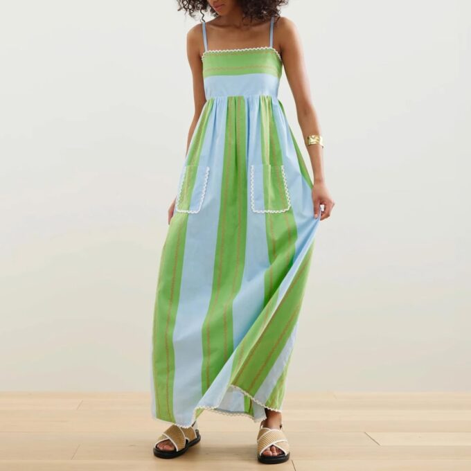 Owl's-Yard Women’s Striped Long Dress Summer Sleeveless Spaghetti Strap Front Pocket Dress Flowy Beach Sundress Clubwear – Bild 3