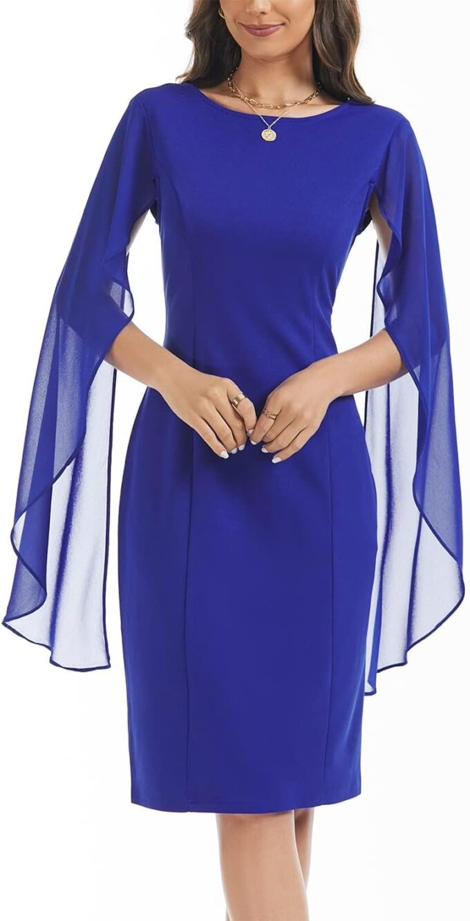 HELYO Damen Chiffon Umhang Ärmel Mini Cape Kleid V-Rücken Semi-Formal Elegant Bodycon Hochzeit Gast Abend Cocktailkleider – Bild 4