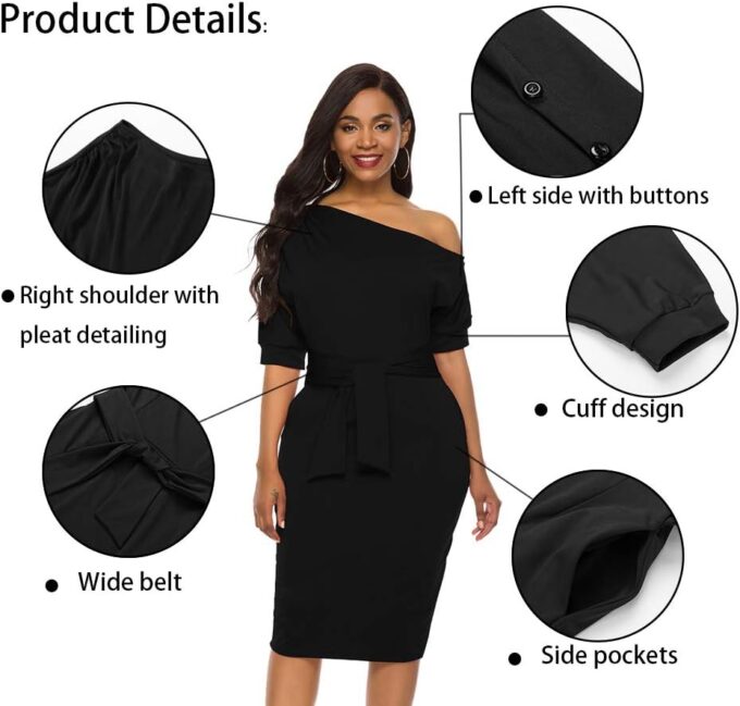 Nature Comfy Elegant Womens Wear to Work Casual one Shoulder Belted Pencil Dress with Pockets – Bild 2