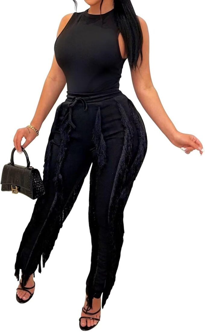EDITCOZY Women Sexy Two Piece Outfits Fringe Pants Set Tassel Club 2 Piece Sets Going Out Birthday Party Night