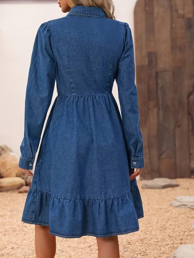 utcoco Women's Flowy Denim Dress 2025 Vacation Lapel Long Puff Sleeve Button Down A Line Swing Ruffle Jean Dress – Bild 4