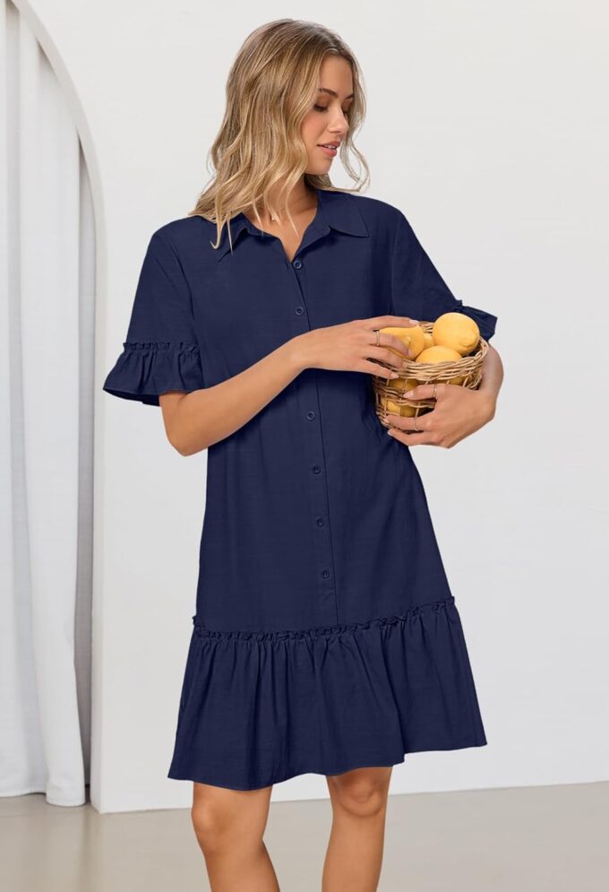 MEROKEETY Women's Summer Button Down Shirt Dress Casual Ruffle Sleeve Shift Mini Dresses with Pockets – Bild 2