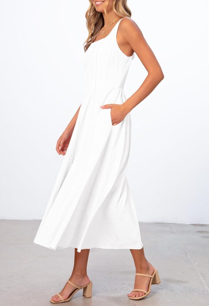 MEROKEETY Women's 2025 Summer Sleeveless Midi Dress Square Neck Smocked Flowy A Line Beach Dresses – Bild 2