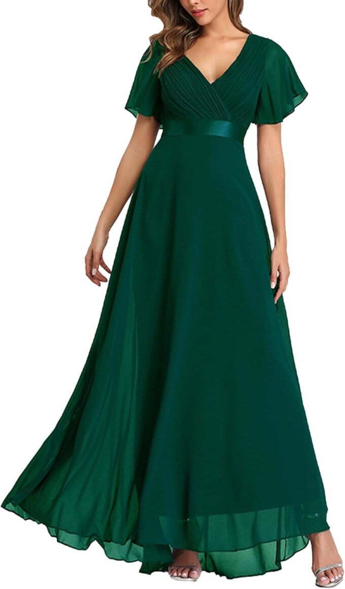 ECDAHICC Damen Abendkleider Gürtel V-Ausschnitt Hohe Taille A-Linie Chiffon Brautjungfernkleid Elegant Lang Ballkleid – Bild 2