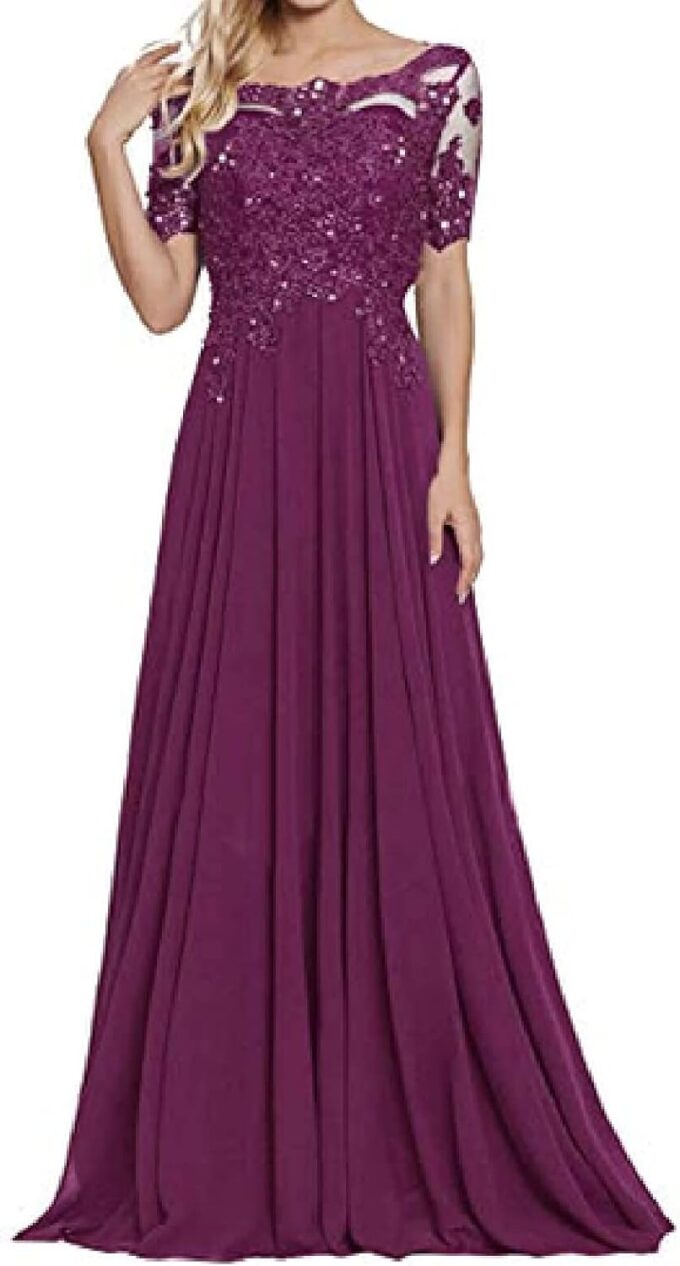 yhfshop Lang Ballkleid Brautkleid,Schulter-Kurzarm-Partykleid mit Spitzenapplikationen-Fuchsie_50,Abendkleid Cocktailkleid Lang