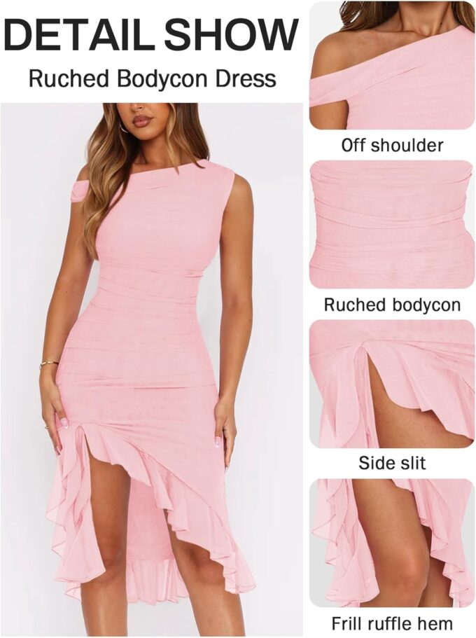 Women Sleeveless One Shoulder Bodycon Midi Dress Summer Side Slit Mesh Irregular Ruffle Cocktail Dress for Women – Bild 3