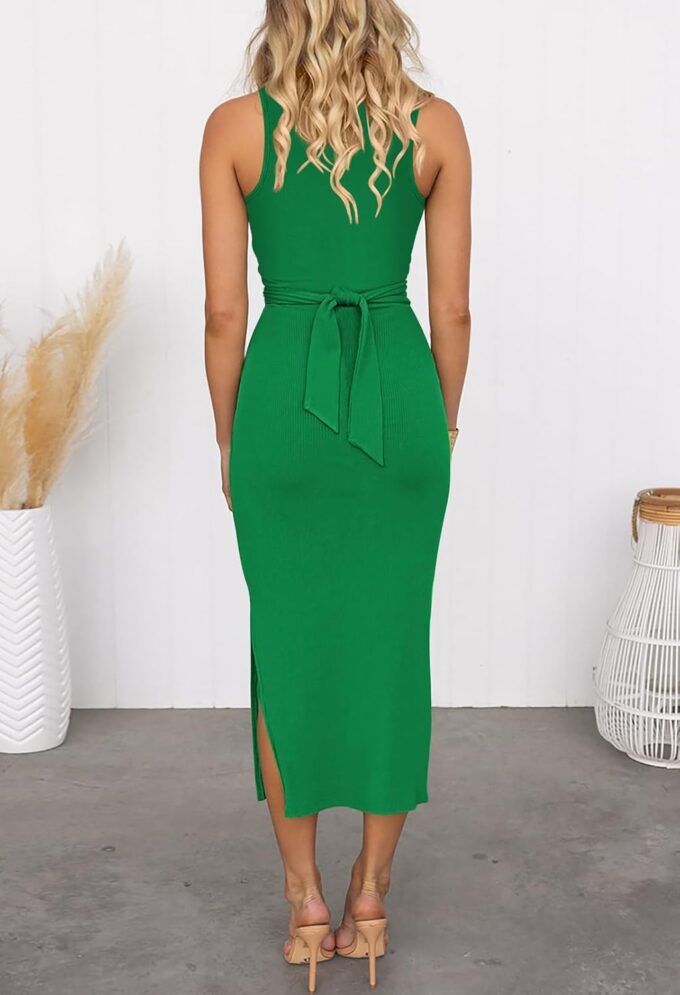 HUUSA Damen Sexy ärmelloses figurbetontes Kleid mit Rundhalsausschnitt, überkreuzter gedrehter Schlitz, geripptes Strick-Tank-Midikleid – Bild 4