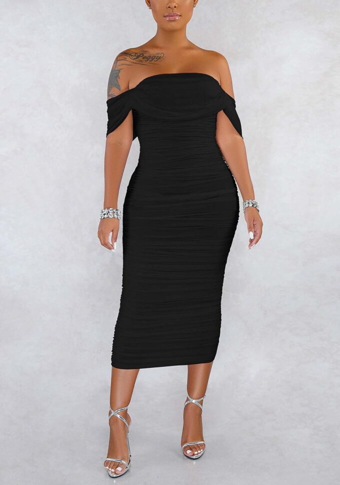 Women's Sexy Off Shoulder Sleeveless Bodycon Ruched Midi Elegant Cocktail Evening Party Night Tube Dresses – Bild 6