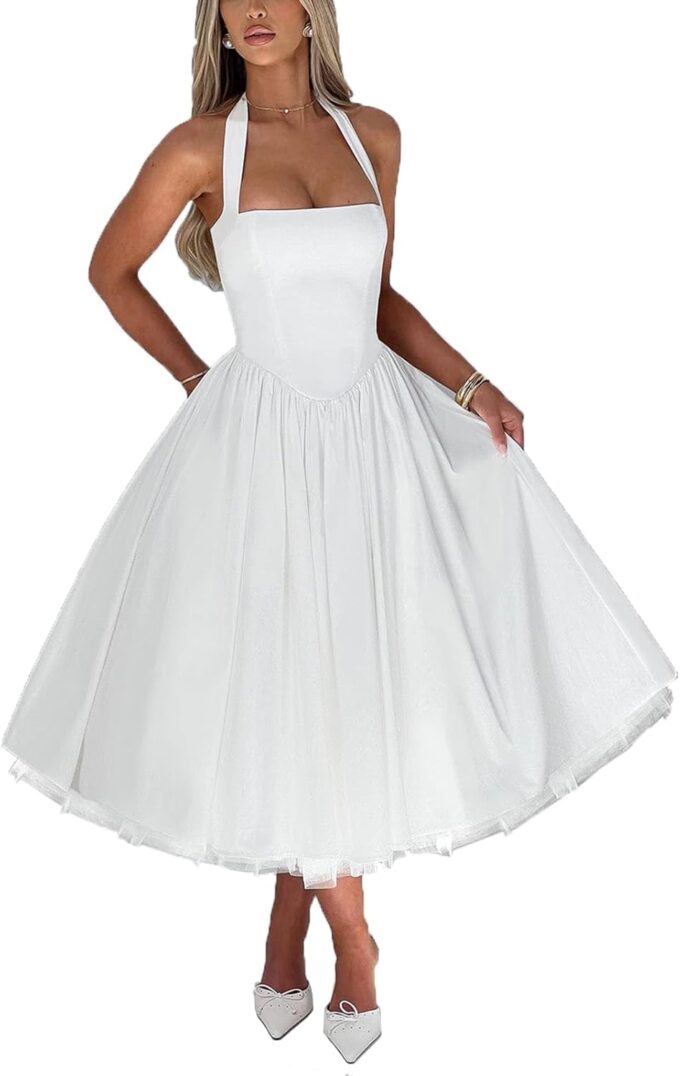 Women Summer Halter Dress Low Cut Sleeveless A Line Tulle Swing Flowy Tea Length Dress Corset Prom Formal Ball Gowns