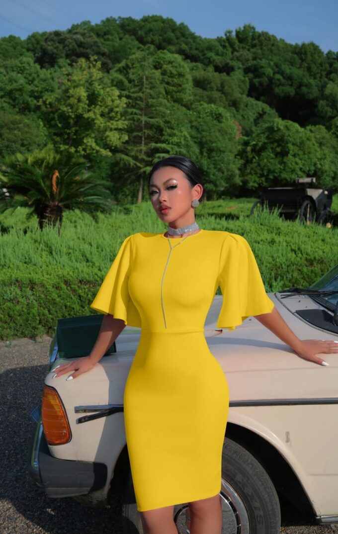 Memoriesea Women's Basic Bodycon Ruffle Flared Short Sleeve Pencil Midi Dress – Bild 5