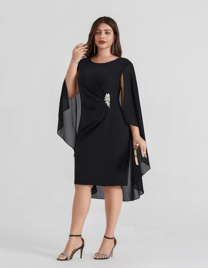 Hanna Nikole Womens Plus Size Chiffon Cape Dress Crew Neck Wedding Guest Dresses Ruched Bodycon Cocktail Pencil Dress – Bild 7