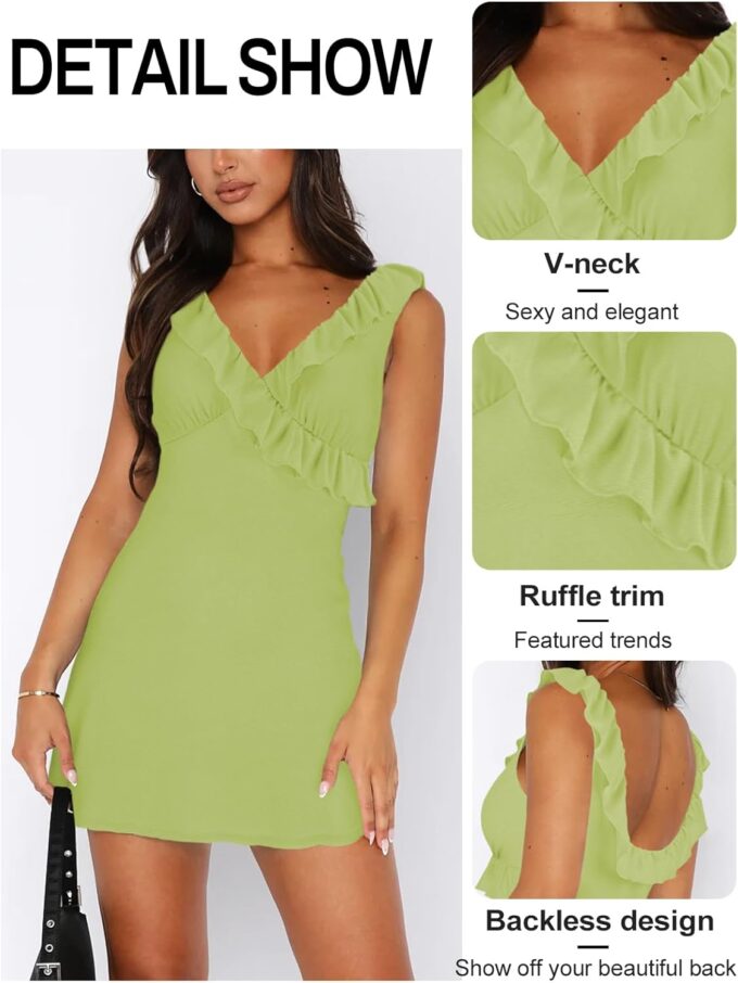 Women's Sexy V Neck Sleeveless Backless Ruffles Dress for Women Elegant Mesh Party Fitted Cocktail Mini Dresses – Bild 3