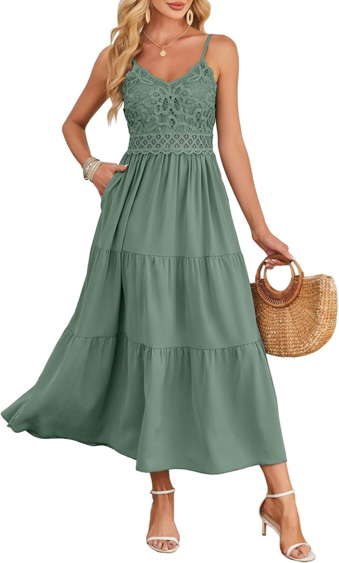 Dokuritu Women's Beach Crochet Lace Maxi Dress Solid Color Summer Vacation Spaghetti Strap Long Dress 2024