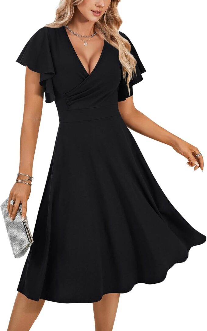 LYANER Women's Warp V Neck Ruffle Short Sleeve A Line Swing Flared Cocktail Party Midi Dress – Bild 6