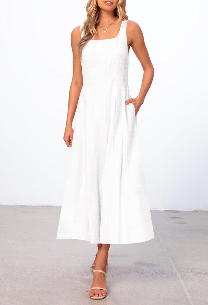 MEROKEETY Women's 2025 Summer Sleeveless Midi Dress Square Neck Smocked Flowy A Line Beach Dresses – Bild 6