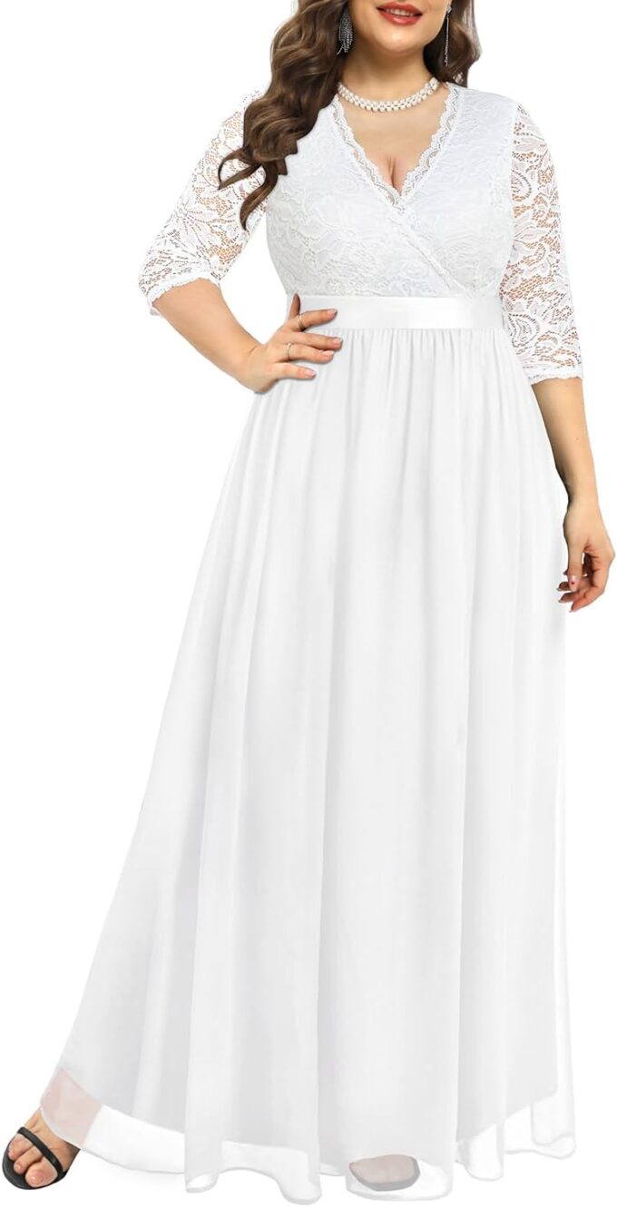 Pinup Fashion Damen-Maxikleid mit Spitze, Chffon, lang, 3/4-Ärmel, V-Rücken, formelles Kleid
