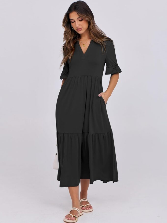 ANRABESS Women's Casual Summer Ruffle Short Sleeve T Shirts Maxi Dress 2025 Spring V Neck Flowy Tiered Boho Beach Dresses – Bild 5