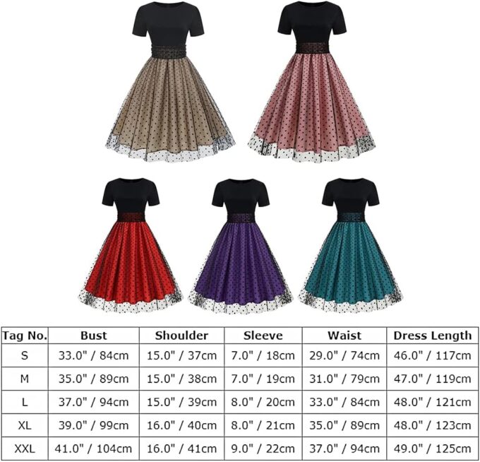 Odizli Rockabilly Kleider Damen 50er Jahre Kurzarm Mesh Polka Dot Tüllkleid Sommer Swing Coctailkleid – Bild 7