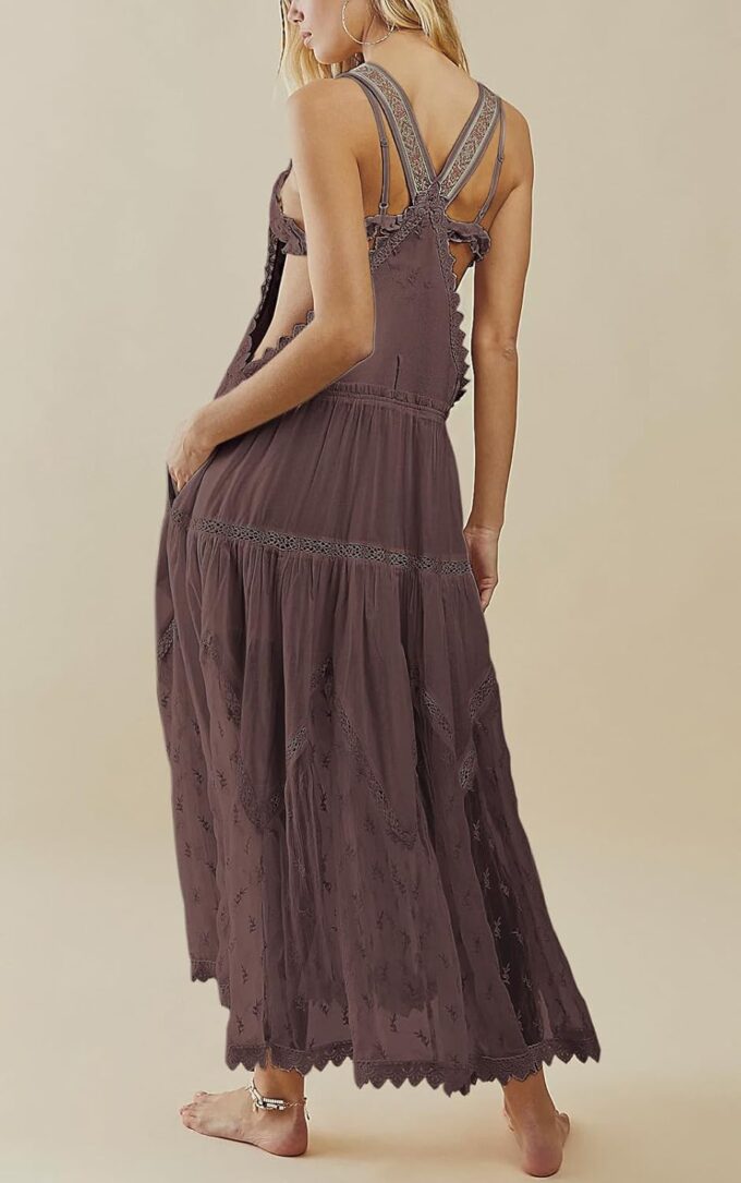 Women's Casual Lace Embroidered Maxi Dress Adjustable Strap Pleated Tiered Swing Long Dress with Pockets – Bild 2