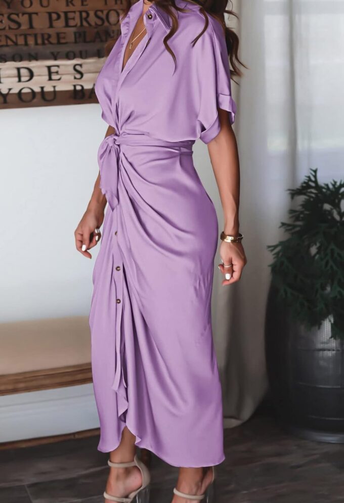 Women Elegant Satin Button Down Short Sleeve Maxi Shirt Dress with Belt – Bild 6