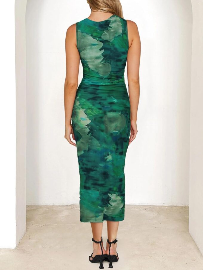 MEROKEETY Women's Summer Bodycon Tie Dye Dress Sleeveless Crew Neck Mesh Cocktail Party Maxi Dresses – Bild 2