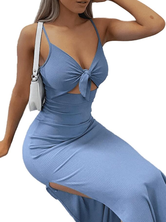 LYANER Women's Tie Knot Cut Out Side Split Hem Sleeveless Knit Bodycon Maxi Dress – Bild 4