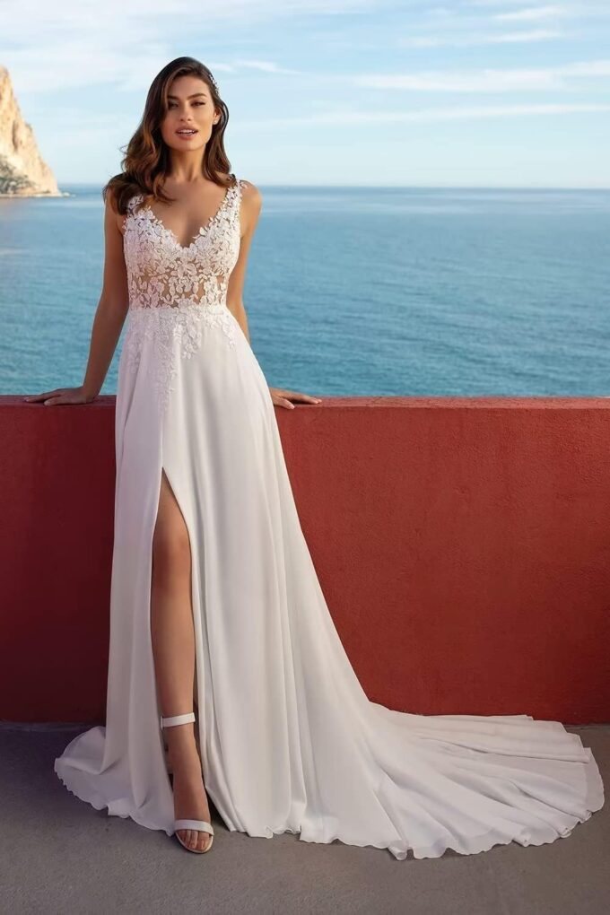 PSFVHHQI Hochzeitskleid Brautkleider Langarm V-Ausschnitt Standesamt Brautmode Brautkleider, White 14, 44 – Bild 2