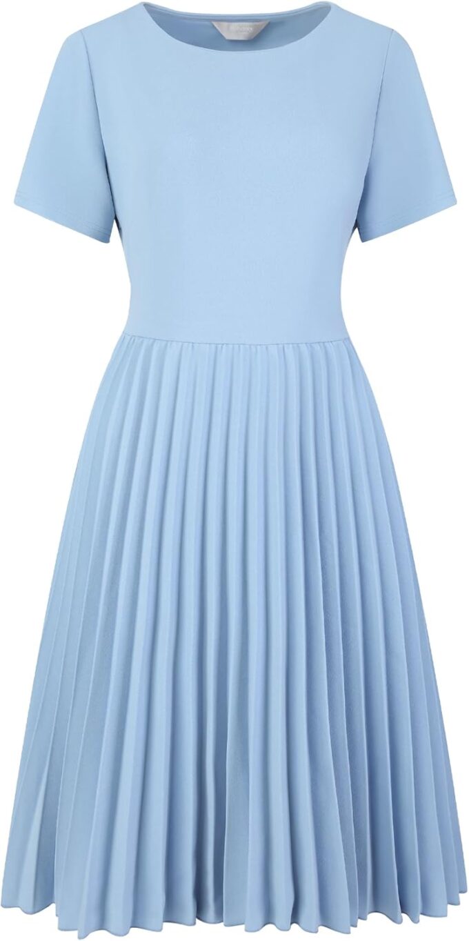 Hobemty Damen 2024 Plisseekleider Kurzarm Midi Arbeit A-Linie Kleid