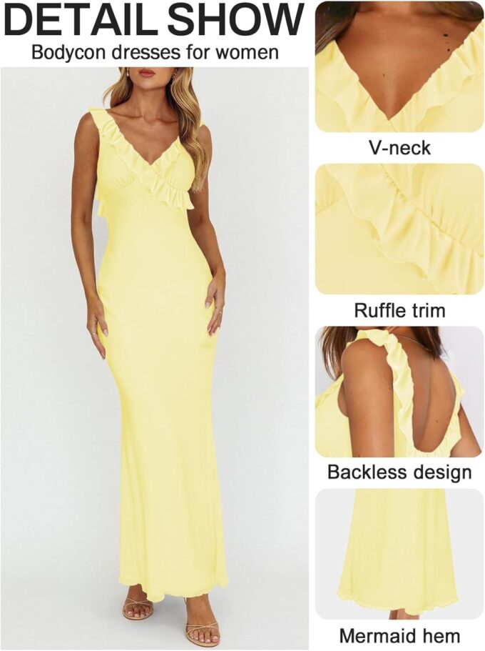 Women Sexy Sleeveless V-Neck Ruffle Backless Summer Dresses Long Formal Dress for Women Cocktail Party Prom Dress – Bild 3