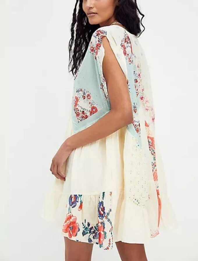 Women’s Boho Mini Dress Y2k Floral Print Deep V-Neck Puff Sleeve Short Dress 2025 Summer Loose Beach Sundress – Bild 2