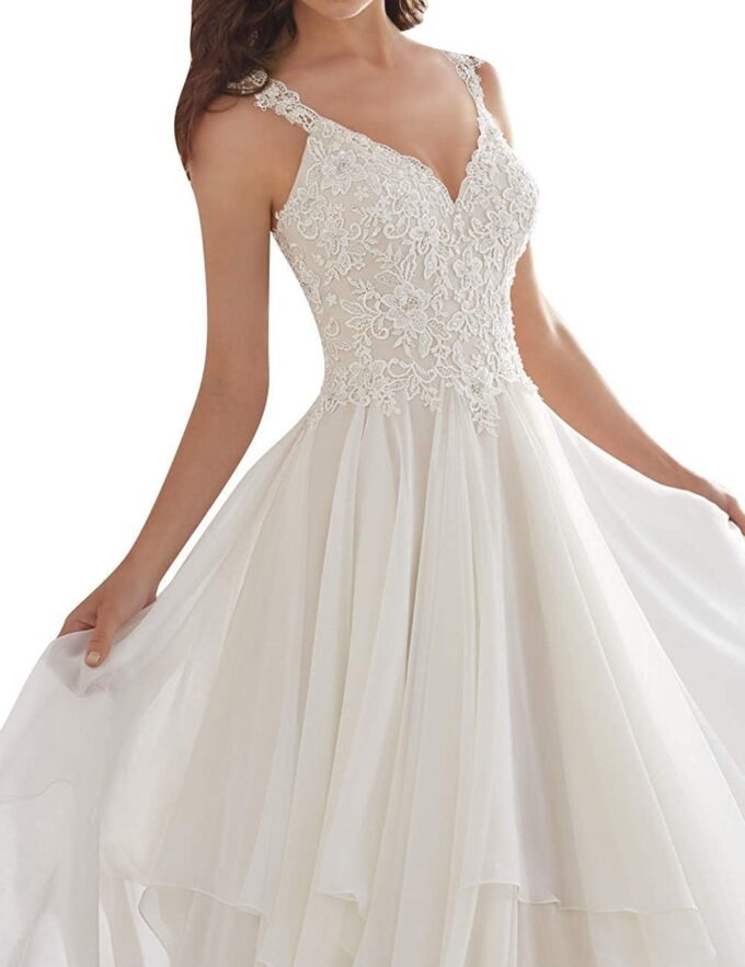 TAIGUHUI Brautkleid Damen Lange Braut Spitze Chiffon Brautkleid, Weiß, 40 – Bild 3