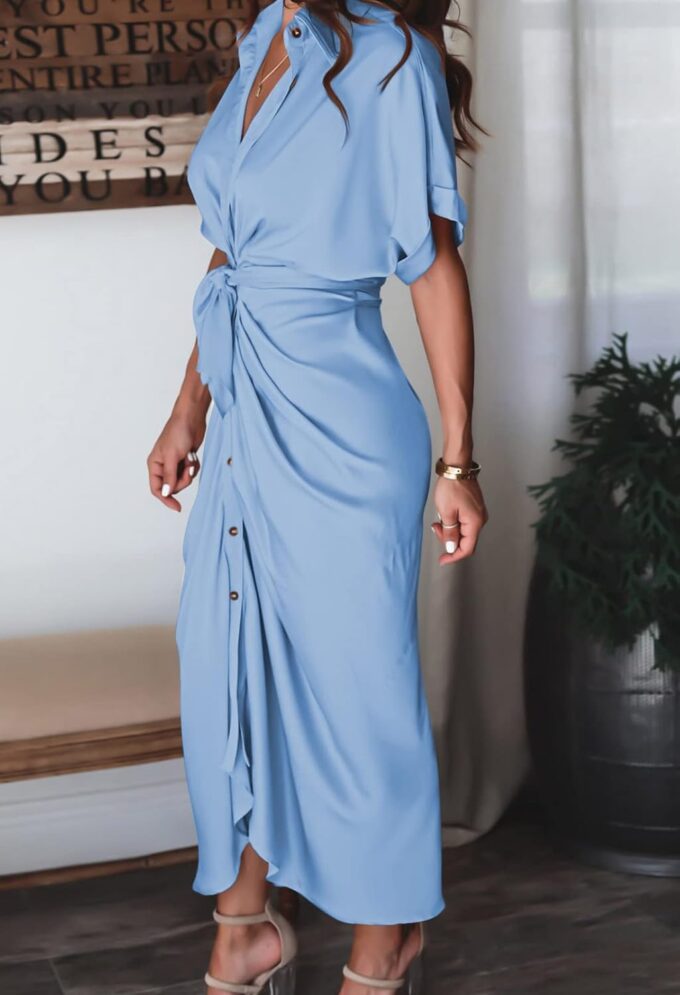Women Elegant Satin Button Down Short Sleeve Maxi Shirt Dress with Belt – Bild 6