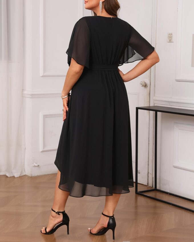 Plus Size Dresses Wedding Guest - Formal Cocktail Chiffon V Neck Short Sleeve High Low Dress Curvy Women – Bild 3