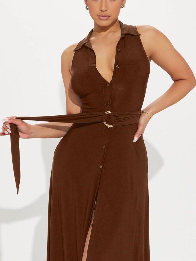 Women's Deep V Neck Long Dresses Sleeveless Collared Button Down High Split Cocktail Wedding Party Maxi Dress – Bild 3