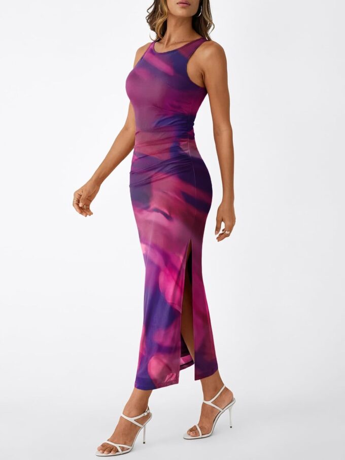Trendy Queen Bodycon Maxi Dress Womens Sleeveless Floral Print Fitted Party Club Ruched Dresses with Side Slit – Bild 3