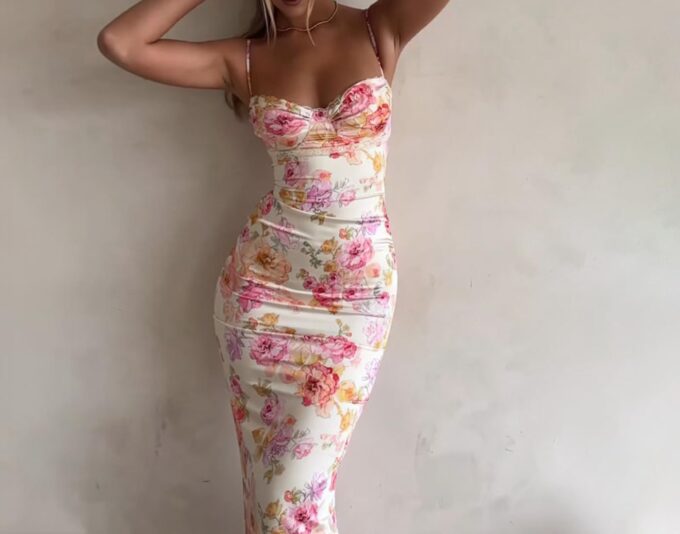 Womens Sexy Spaghetti Strap Maxi Dresses Floral Bodycon Long Dress Sleeveless Backless Vacation Dress – Bild 2
