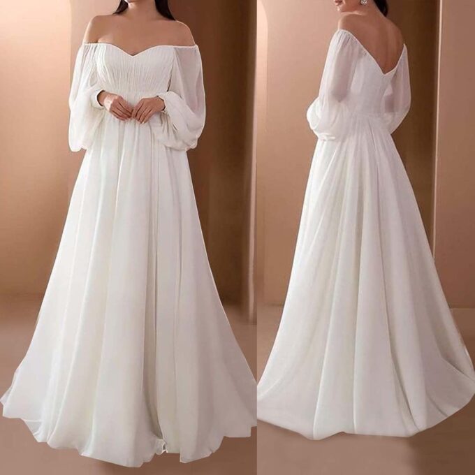 Hochzeitskleid Damen Elegant Langes WeißEs Brautkleider TräGerloses Sexy Puffy Langarm Mesh Floor Length Dress Brautjungfernkleider Off Shoulder Solide Slim Bodenlanges Kleid Dresses for Women – Bild 2