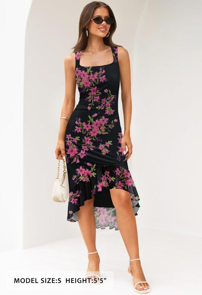 MEROKEETY Women's Summer Floral Bodycon Dress Square Neck Sleeveless Ruffle Hem Cocktail Mesh Midi Dress – Bild 4