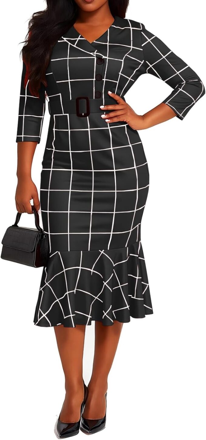 ZonJie Damenkleid, Karomuster, lässig, Knopf, langärmelig, Midi-Kleid, klassisch, figurbetont, für Hochzeitsgäste