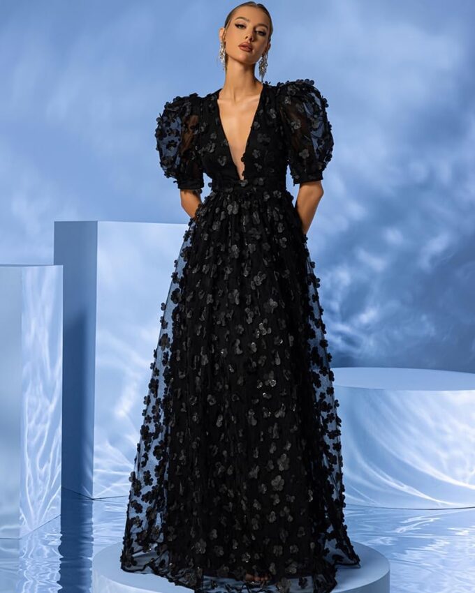 Women's Floral Tulle A Line Puffy Sleeve Prom Dresses Elegant V Neck Formal Evening Party Gowns – Bild 3