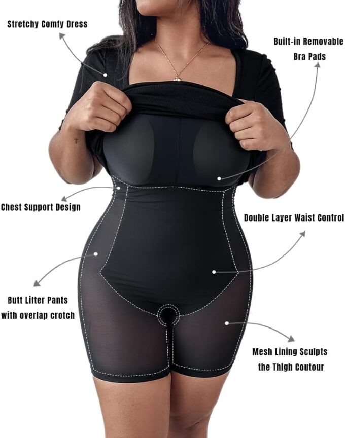 Built-in Removable Shapewear Bra Pad Bodycon Midi Dress Knitted Ribbed Square Neck Short Sleeve Basic Party Dresses – Bild 3