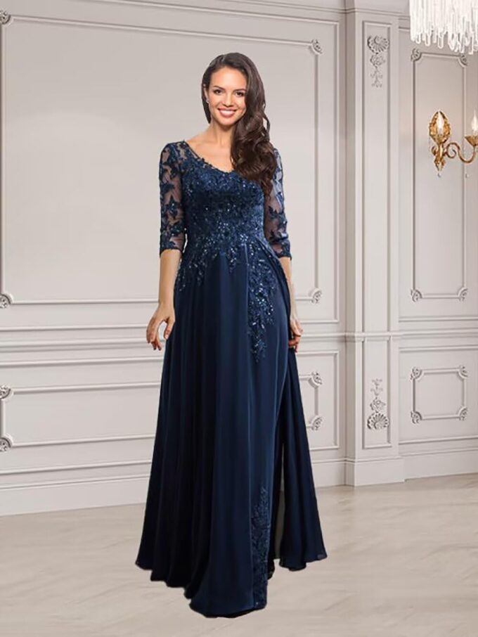 Sincemeet Kleider für die Mutter der Braut Chiffon-Ballkleider mit 3/4-Ärmeln Langes formelles Abendkleid – Bild 2
