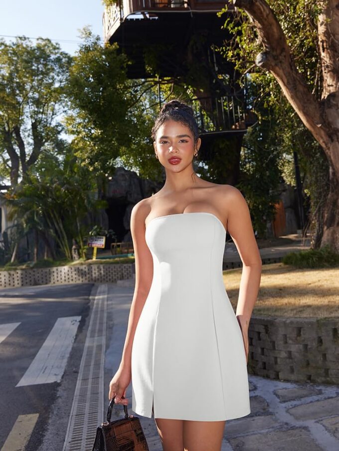 HYZ Women's Tube Strapless Sleeveless Y2K Split Party A-Line Mini Dress – Bild 8