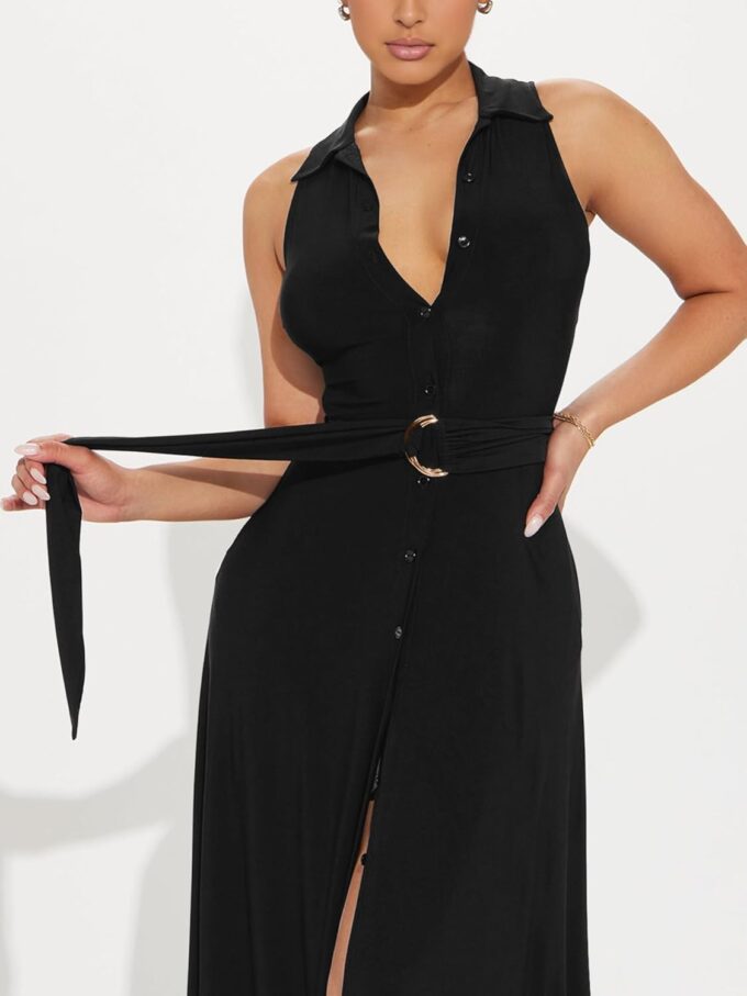 Women's Deep V Neck Long Dresses Sleeveless Collared Button Down High Split Cocktail Wedding Party Maxi Dress – Bild 5
