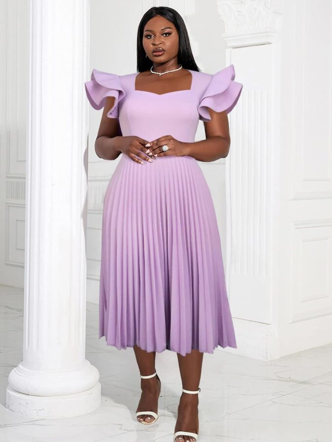 AOMEI Women's Light Purple Square Collar Ruffles Sleeve Pleated Elegant Midi Dress – Bild 2